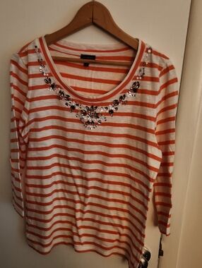 Talbots White and Orange Striped Long-Sleeve Embellished Scoop-Neck Top Medium